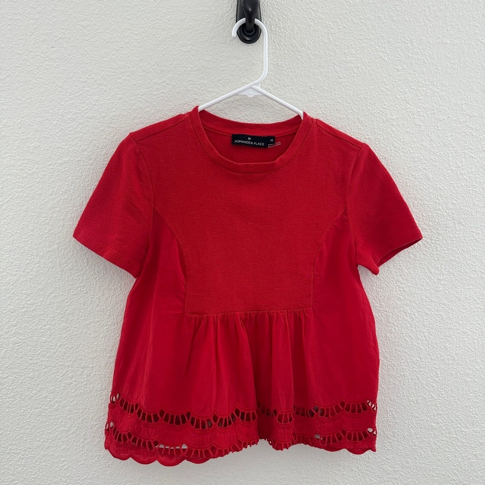 Pomander‎ Place Red Carlota Peplum Blouse Eyelet Lace Scallop Hem Top XS